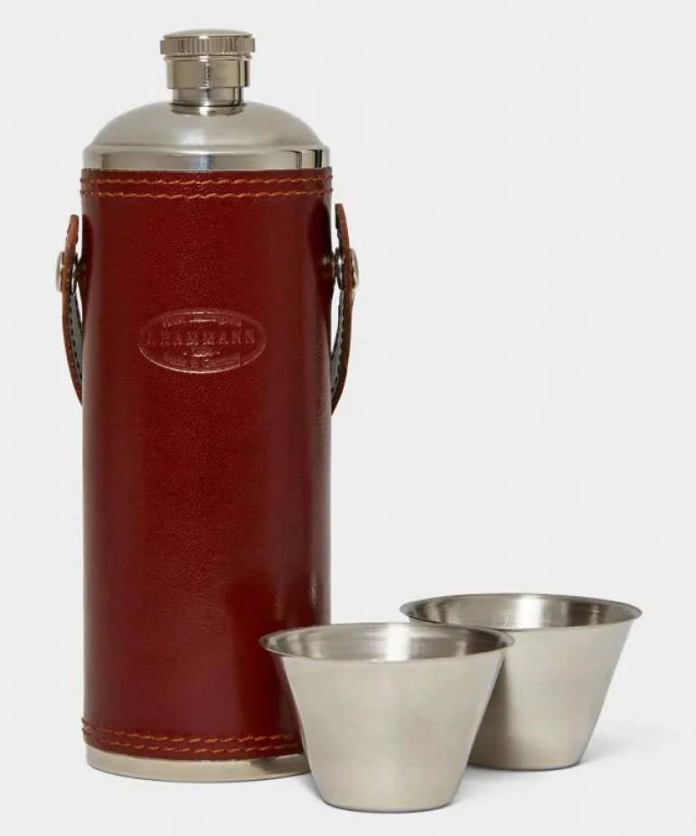 New F. Hammann Leather Hunting Flask in Whiskey Brown
